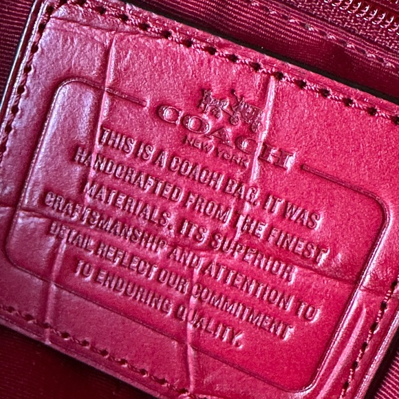 COACH Mickie Satchel in blue denim jacquard with red trim. - Picture 7 of 12